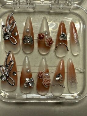 Elegant Nude and White Press-On Nails with Rhinestones